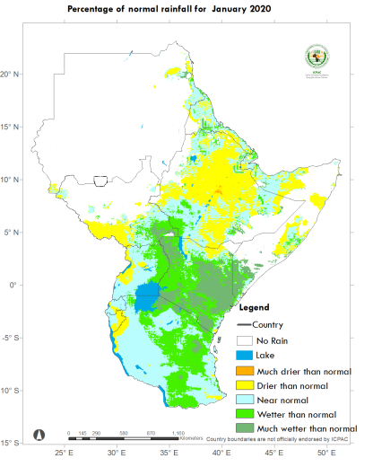January 2020 rainfall expressed as a percentage of 30 years (January 1981–2010) average