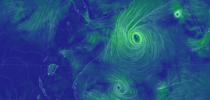Cyclones over the Indian Ocean. Image from earth.nullschool.net