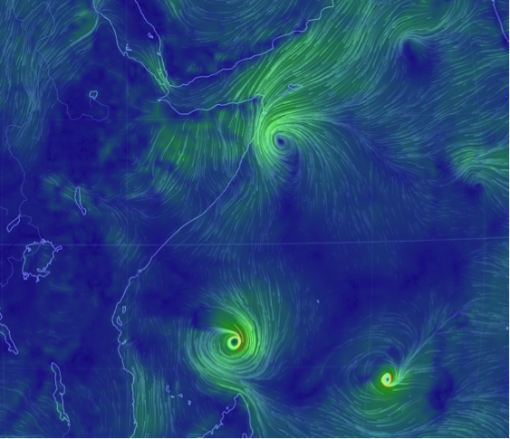Image 6: Global Forecast System (GFS), Forecast Streamlines Imagery taken on the 06th December 2019 of Cyclone PAWAN and Ambali, and Tropical Storm Belna (https://earth.nullschool.net/)